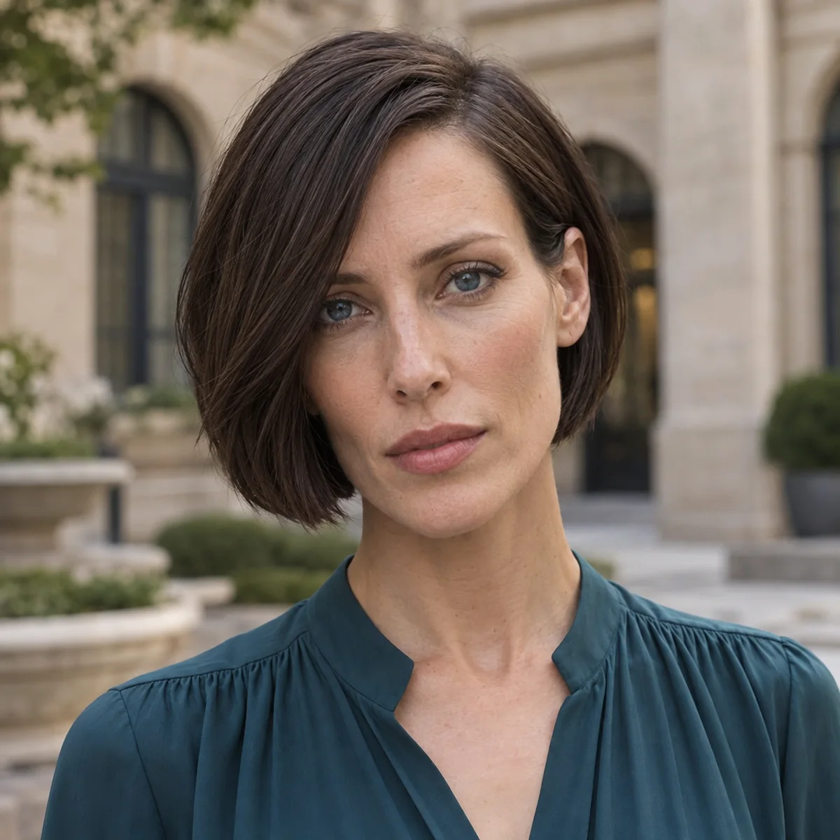 Woman with a long face wearing deep side-swept chin bob