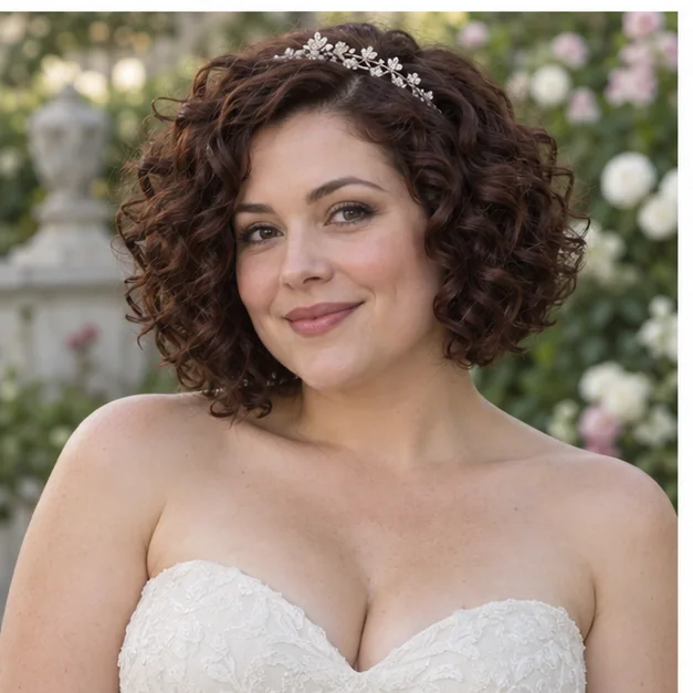 Bride with a defined curly bob and small tiara