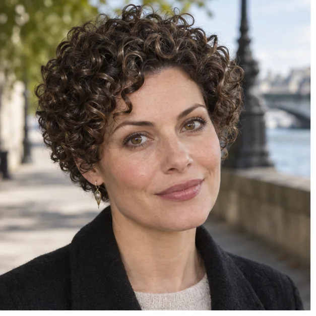 Woman with glossy defined ringlets in a short crop