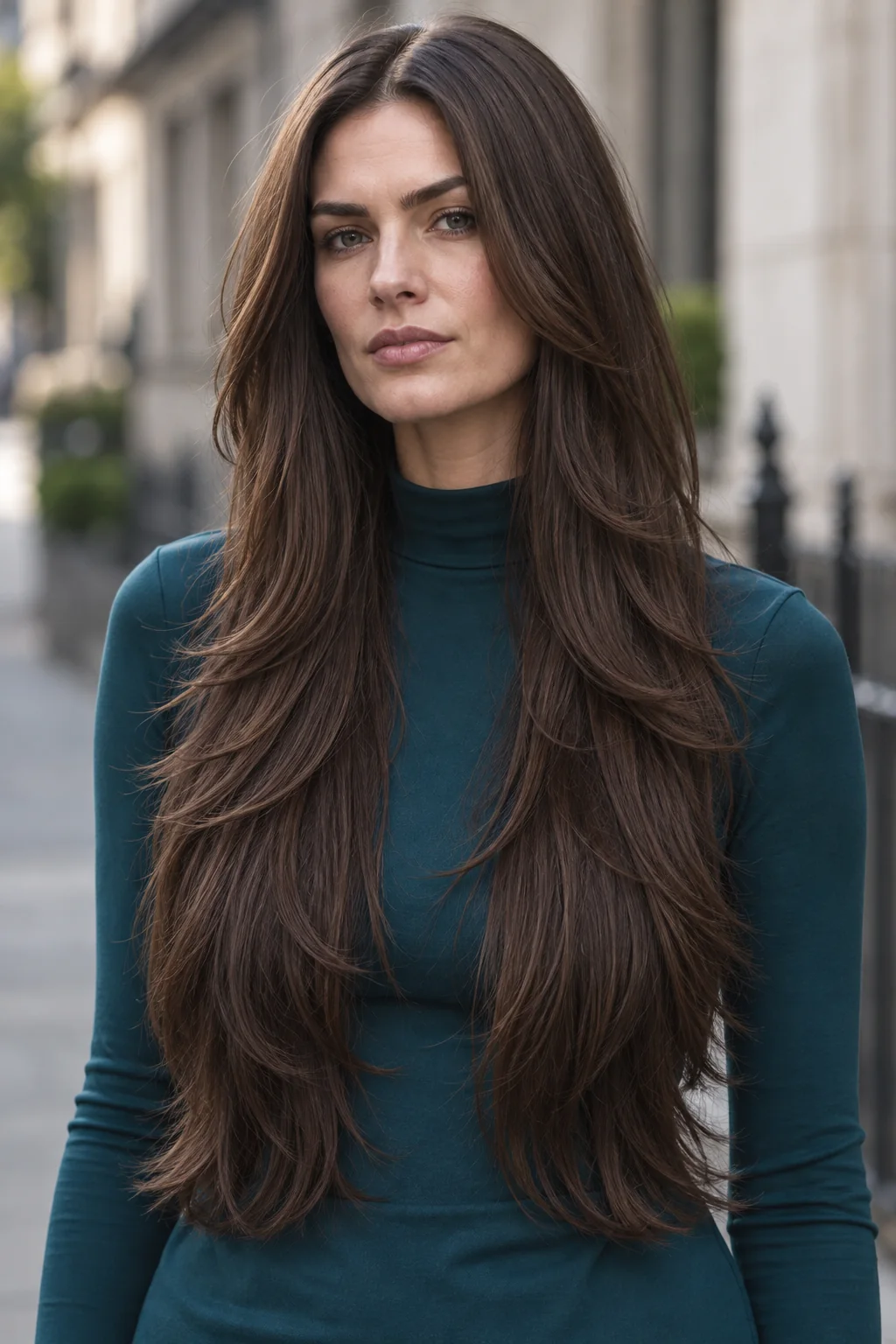 Woman with long dark hair and bold disconnected statement layers