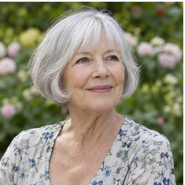 Woman over 60 with an ear-length silver French-inspired bob