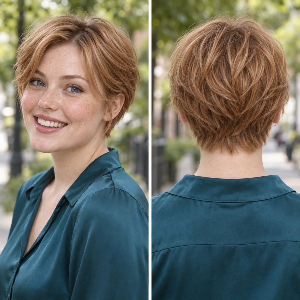 Same woman shown from front and back wearing an ear-length layered crop