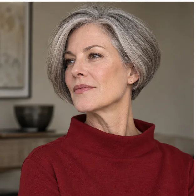Woman with ear length sculpted bob for thick hair