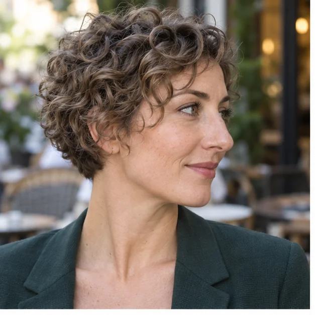 Woman with soft curls in an ear-skimming cropped haircut