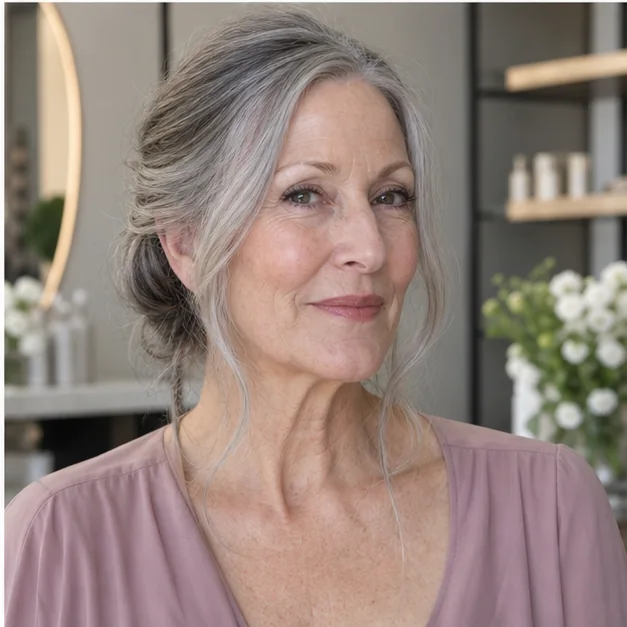Woman over 50 wearing medium-length hair in an elegant low twist