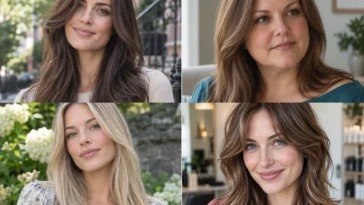 Collage of four women with distinct face-framing layered haircuts