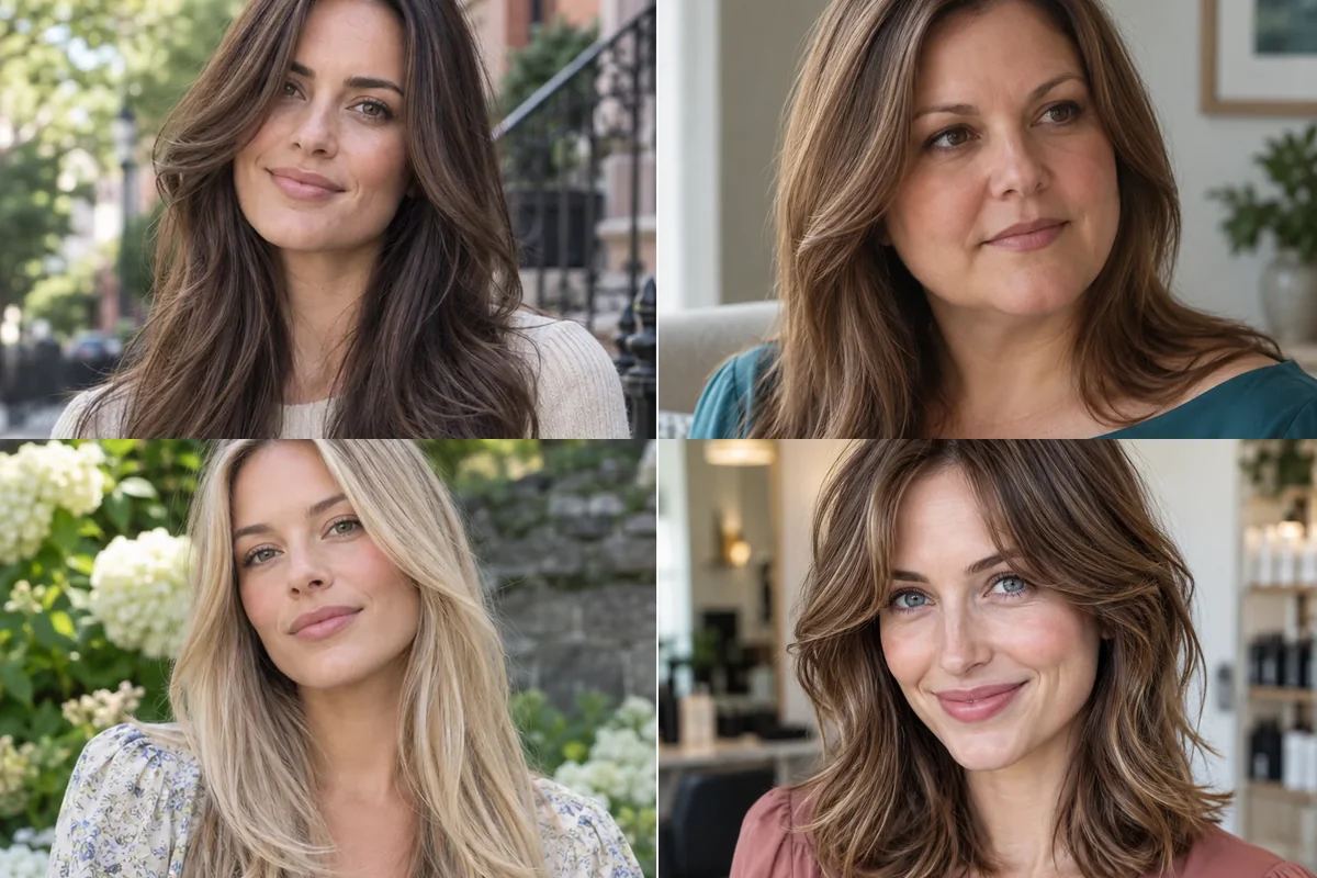 Collage of four women with distinct face-framing layered haircuts