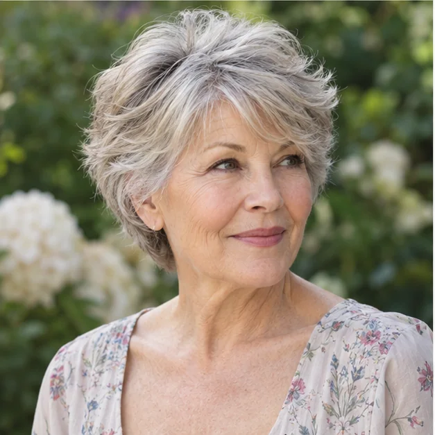 Woman over 60 with a feathered short blonde crop