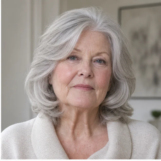 Woman over 50 with a feathered medium haircut