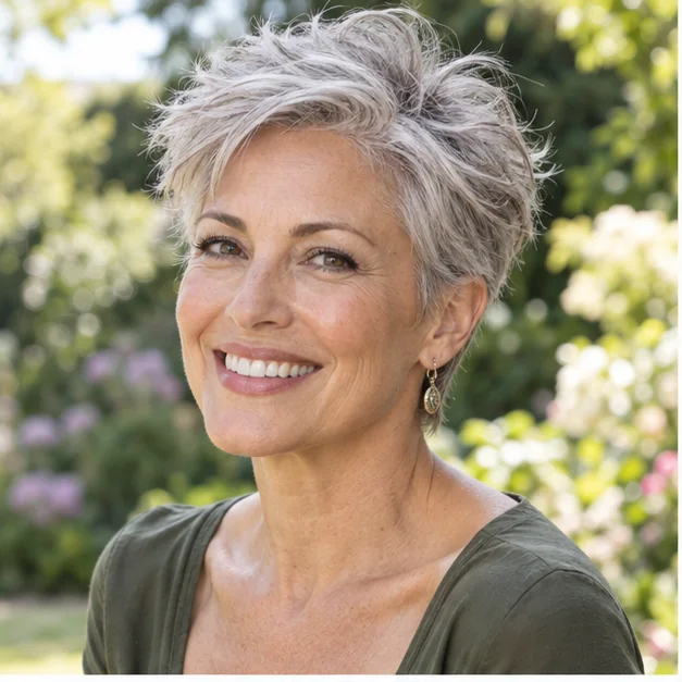 Woman with a feathered silver pixie and softly lifted crown
