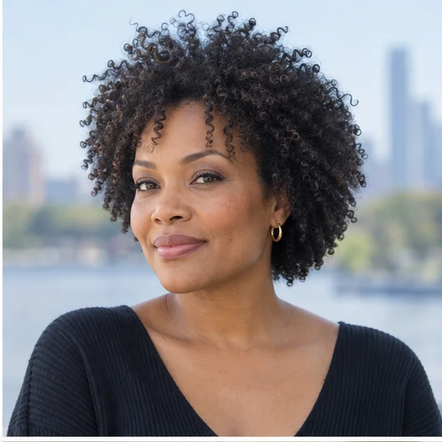 Black woman with fine-density natural curls shaped for crown lift