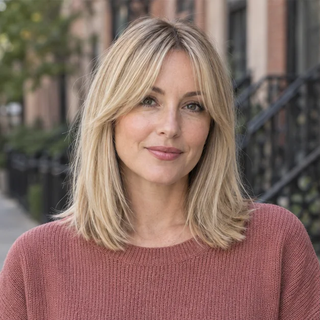 Woman with fine shoulder length hair and airy curtain fringe