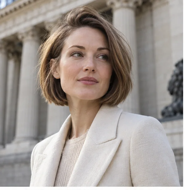 Fine-hair blunt bob with a deep side part and full ends