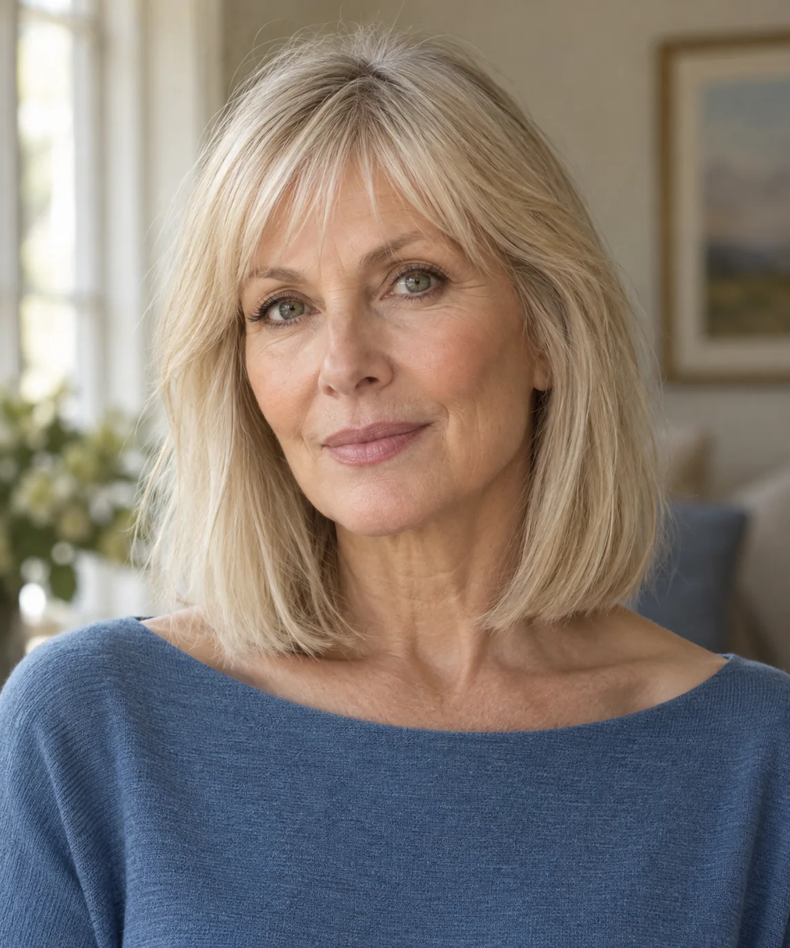 Woman with fine hair in a lob with feathered bangs