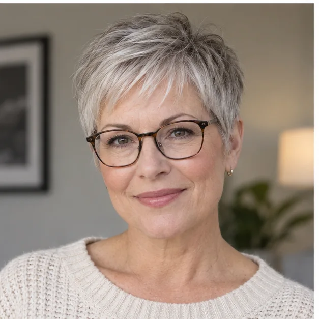 Woman wearing browline glasses with a full fine-hair pixie