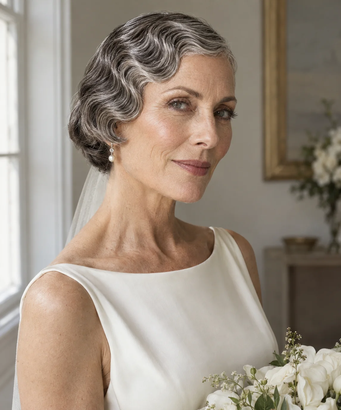 Bride with sculpted finger waves on a short bob