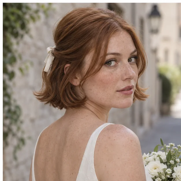 Bride with a flipped-end bob and narrow ivory ribbon