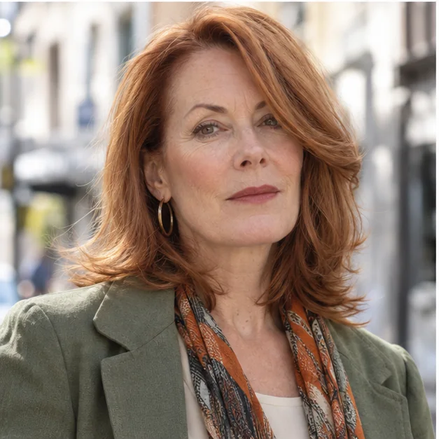 Woman over 50 with medium hair, flipped ends and a deep side part