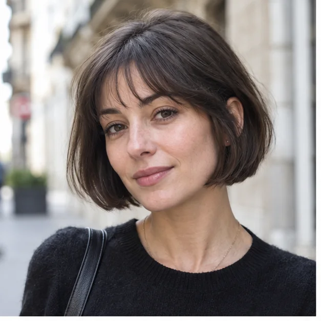 Woman with a French bob and airy bangs for thin hair