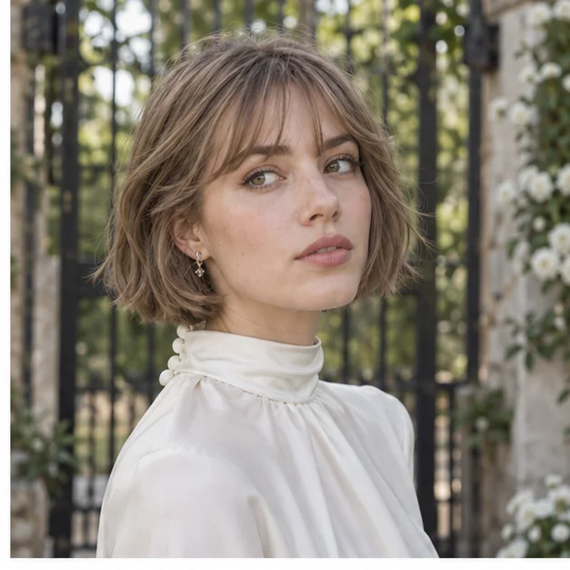 Bride with a short French bob and airy fringe