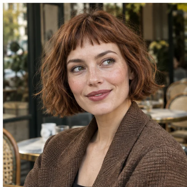 Woman with a French bob and broken micro bangs