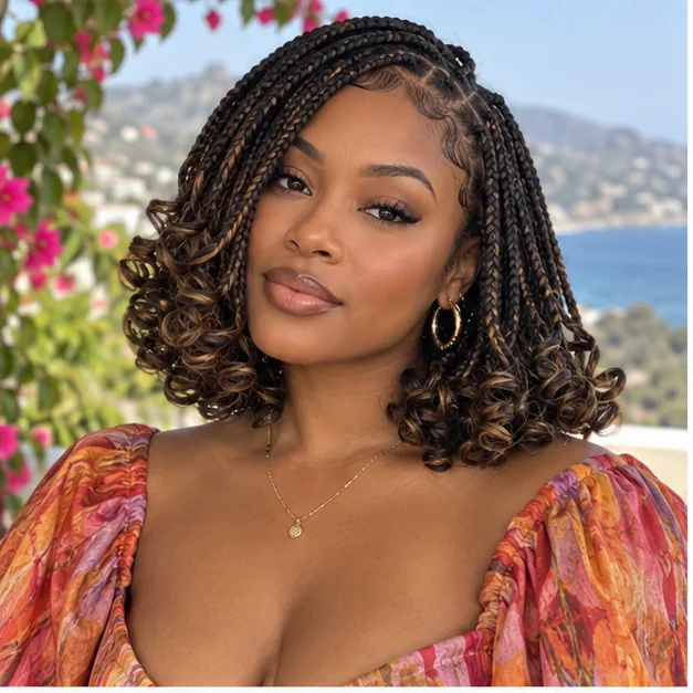 Black woman with French-curl knotless bob braids
