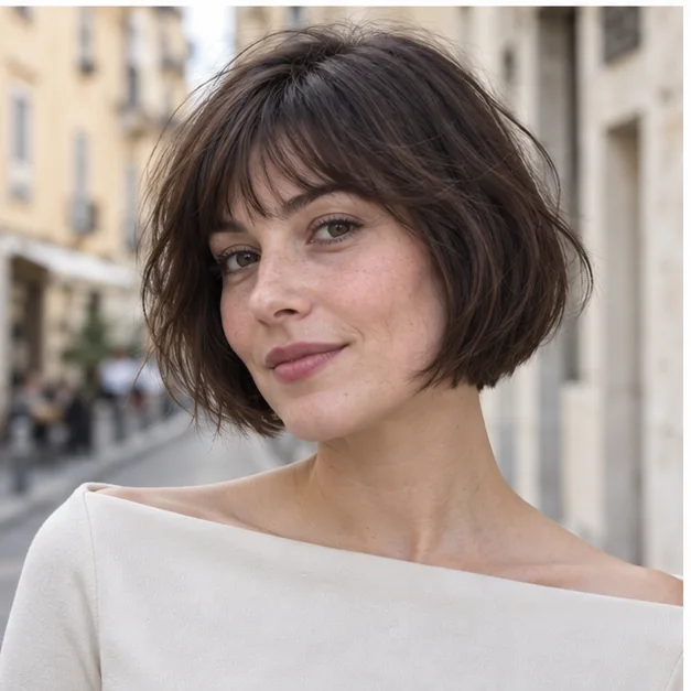 Woman with French inspired bob and airy bangs on thick hair