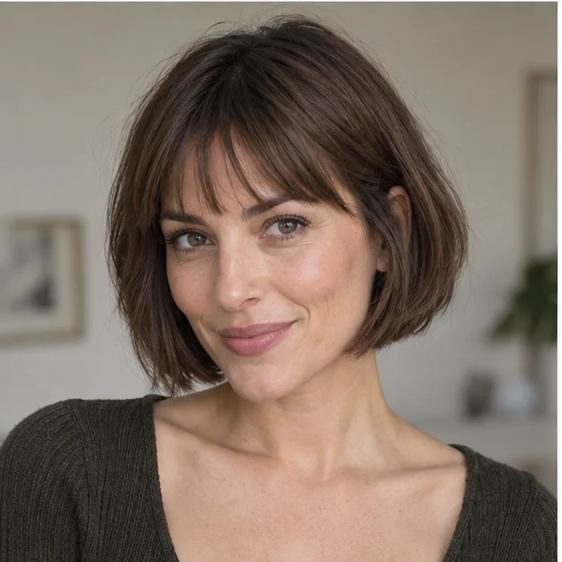 Woman with fine hair in a French-inspired bob with airy fringe