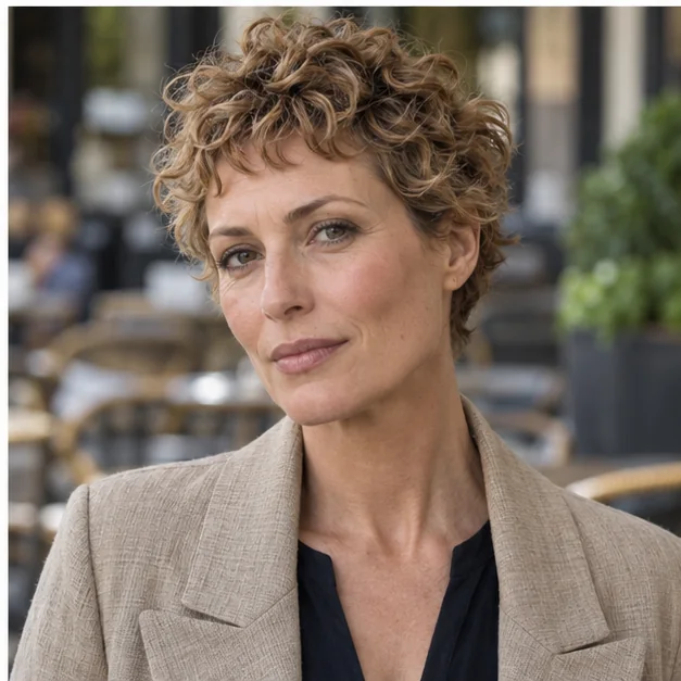 Woman with a French-inspired cropped curly haircut and short fringe