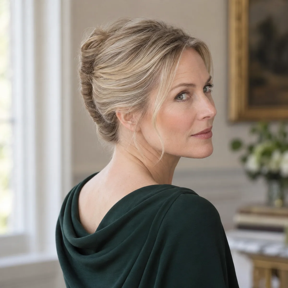 Woman with fine hair in a French twist with airy face-framing pieces