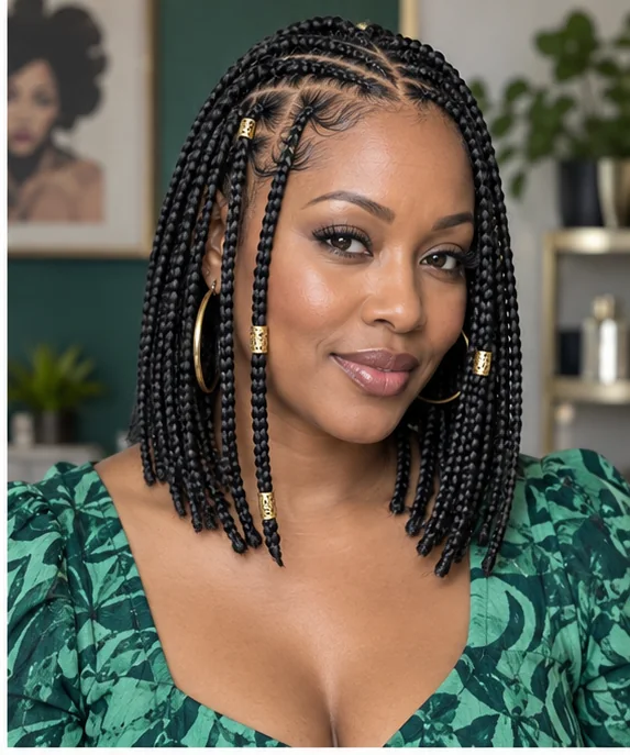 Black woman with Fulani-inspired knotless bob braids