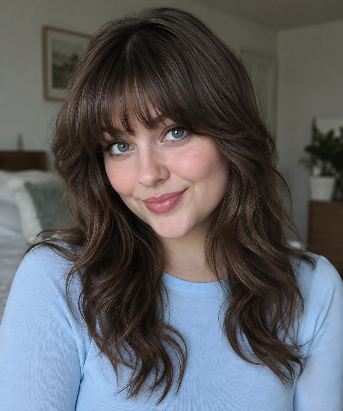 Woman with full bangs connected into face-framing layers