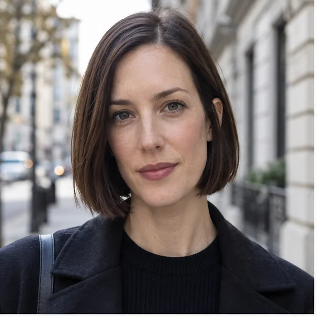 Woman with a long face wearing full chin bob for fine straight hair