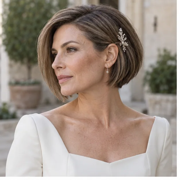 Bride with a low graduated bob and crystal side comb