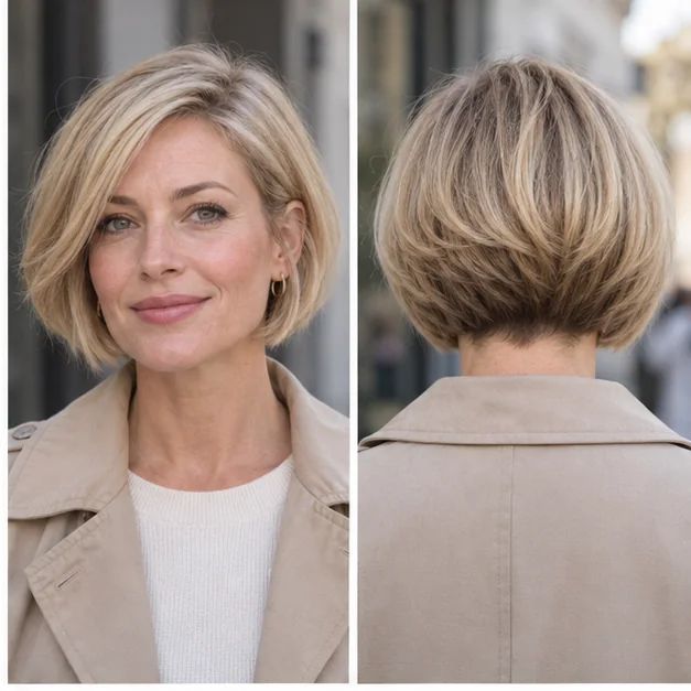 Same woman shown from front and back wearing a low stacked graduated bob