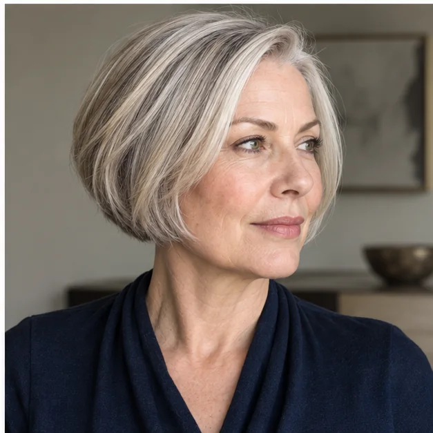 Woman with subtly stacked graduated bob for thick hair