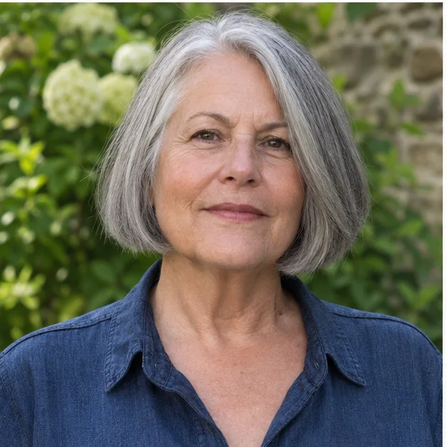 Woman with a full-ended gray bob for thinning hair
