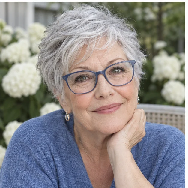 Older woman wearing blue glasses with a feathered silver pixie