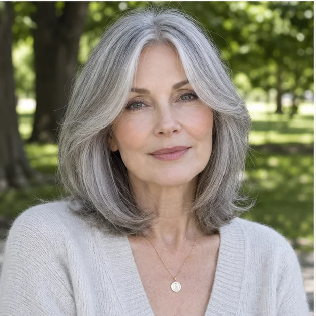 Woman with a gray lob and cheekbone curtain bangs