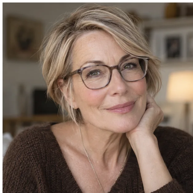Woman wearing soft square glasses with a growing-out pixie