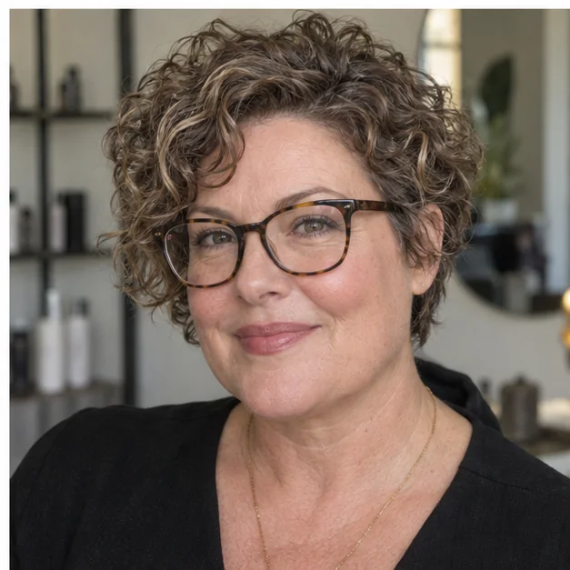 Woman with a softly grown-out cropped curly haircut