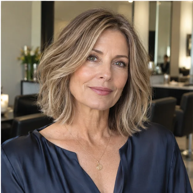 Woman over 50 growing a layered bob toward a lob
