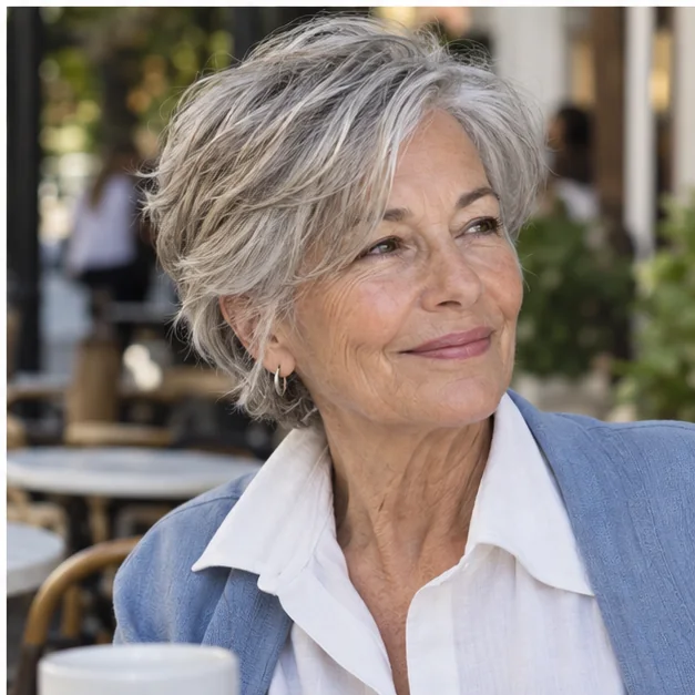 Woman over 60 with a softly grown-out silver pixie