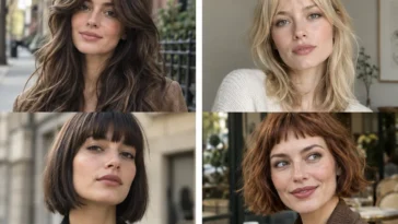 Collage of four women wearing distinct haircuts with bangs