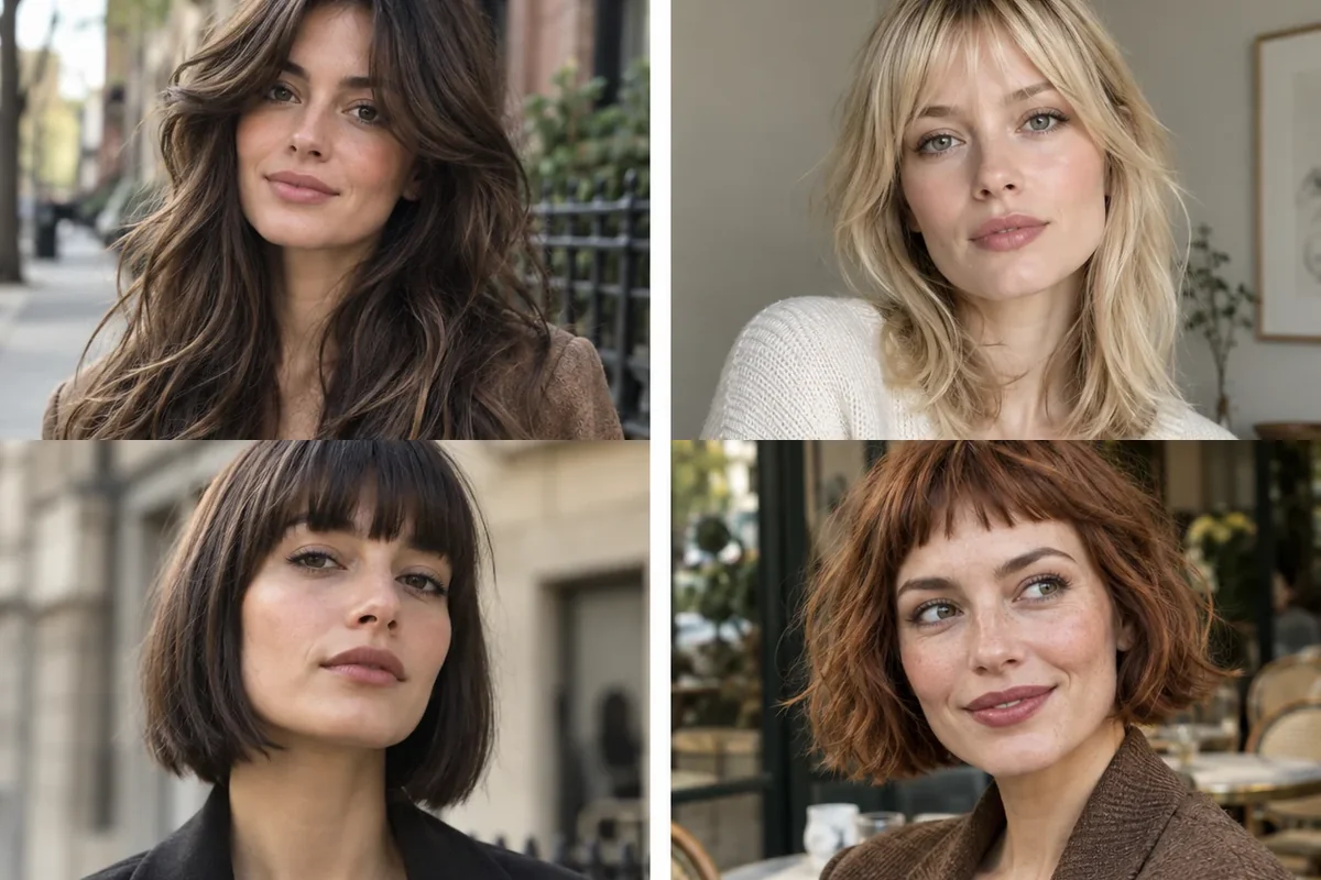 Collage of four women wearing distinct haircuts with bangs