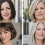 Collage of four women wearing flattering hairstyles for fine hair
