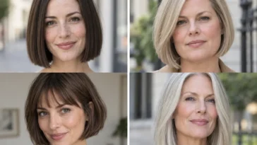 Collage of four women wearing flattering hairstyles for fine hair