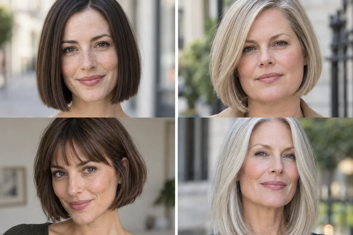 Collage of four women wearing flattering hairstyles for fine hair