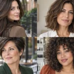 Collage of four women wearing flattering hairstyles for thick hair