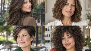 Collage of four women wearing flattering hairstyles for thick hair